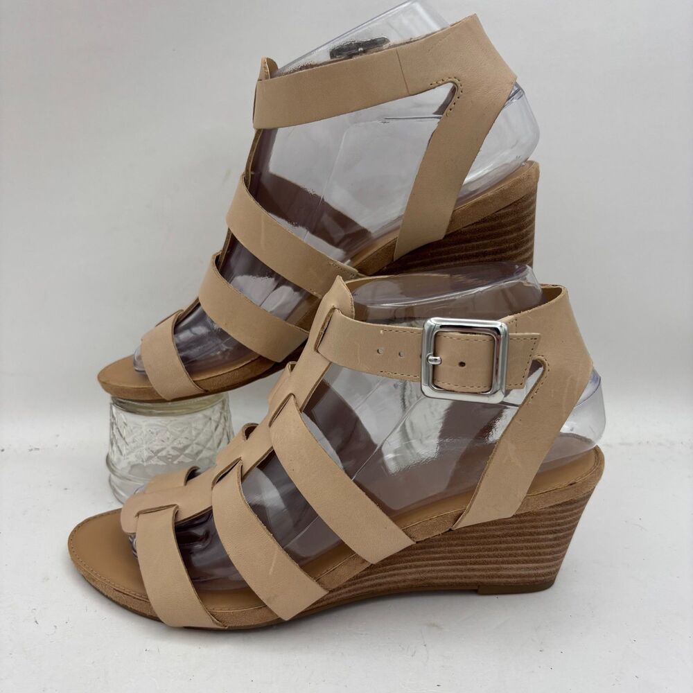 Franco Sarto Deena Women's 7.5 Beige Leather Strappy Wedge Sandals Ankle Strap